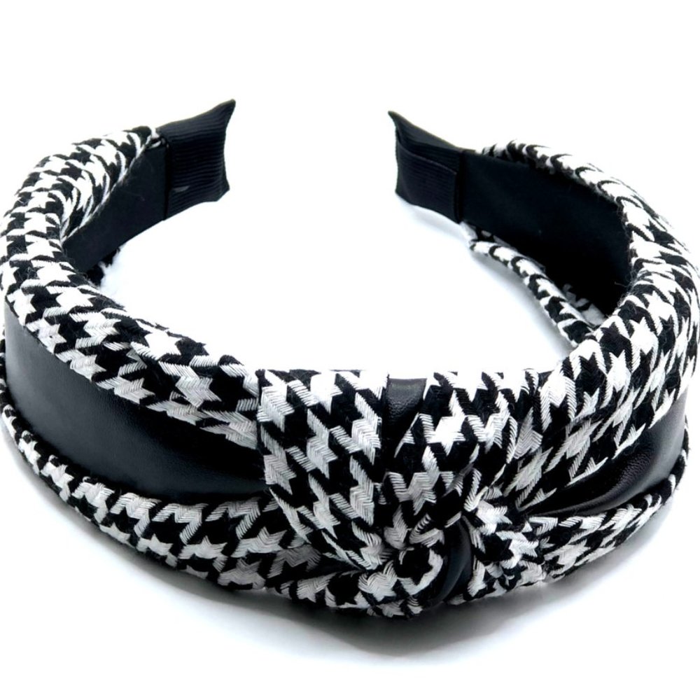 Women Headband in Black PU Leather Knotted Top-knot With Black Leather Headband